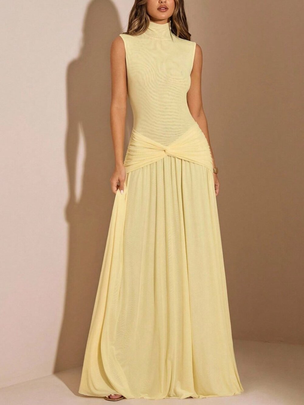 Yellow Elegant Women's High Collar Sleeveless Maxi Dress